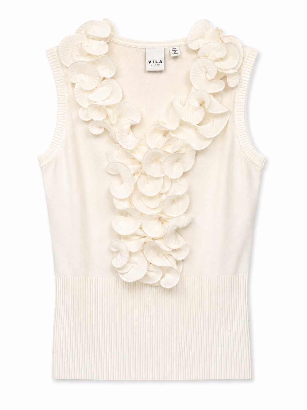 NWT! VILA Off White Ruffle Appliqué Sleeveless Knit Top New with tags